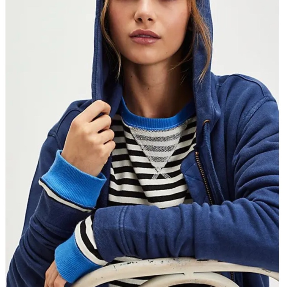 Free People Blue Double Zip Redwood Cardi Cotton Hoodie Oversized Medium NWT - Picture 2 of 14